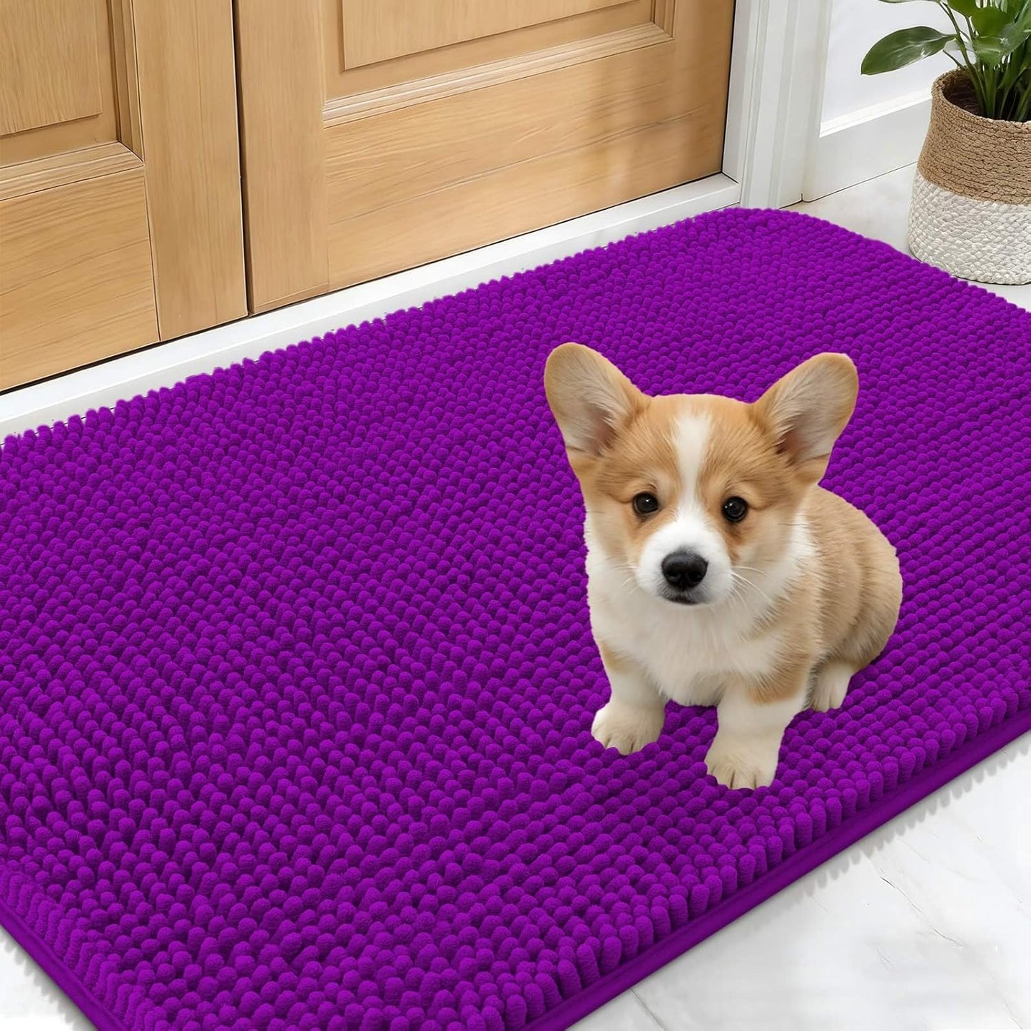 OLANLY Dog Door Mat - Absorbent Non-Slip Chenille Mat for Muddy Paws | 24x16 Inches, Purple