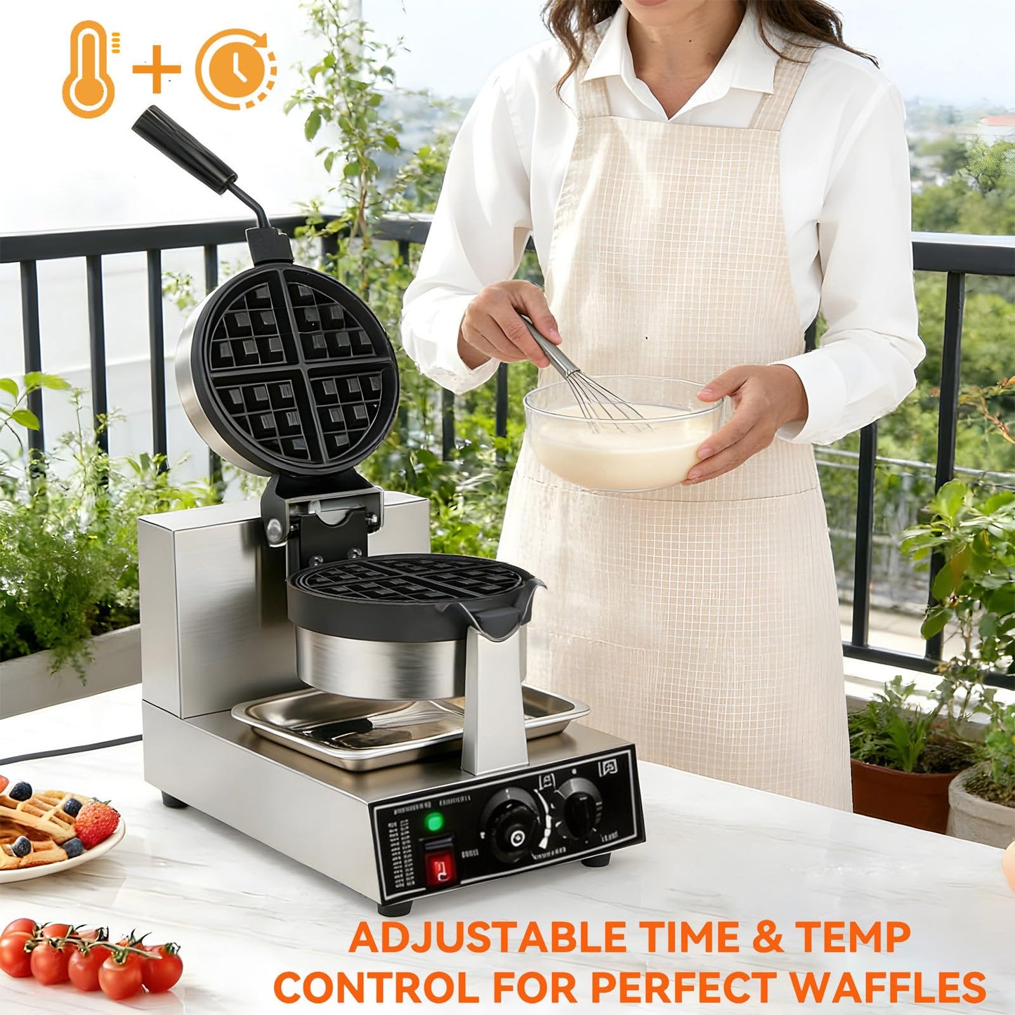 Commercial Waffle Maker 1300W Non-Stick Waffle Iron Rotatable 180° Waffle Baker Machine With Temp and Time Control for Bakery Snack Bar Family