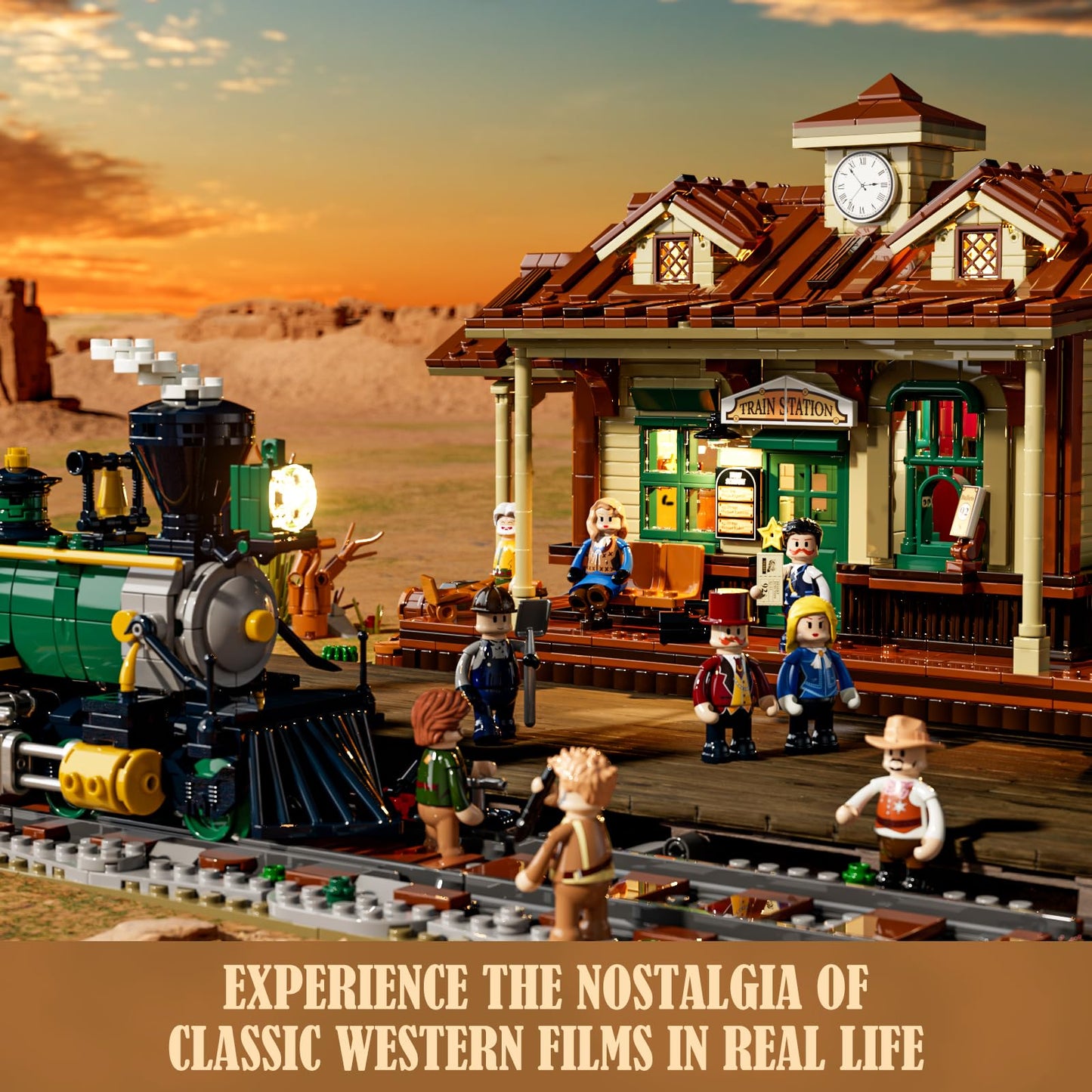 FUNWHOLE Wild West Train Station Lighting Building-Bricks Set - 1975 Pcs Collectible Train Playset for Adults and Teens