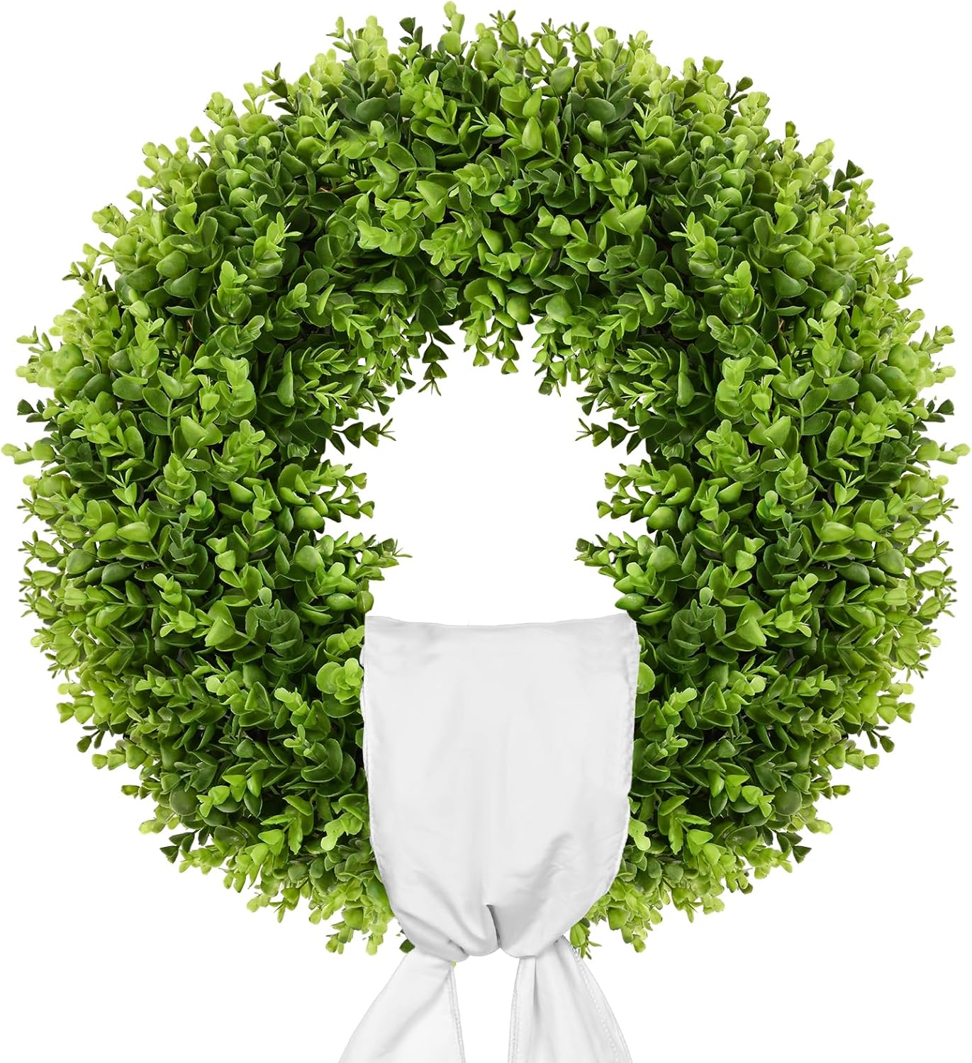 Vlorart 20" Faux Round Boxwood Wreath - Large Artificial Greenery with Plaid Bow for Door & Wedding Decor