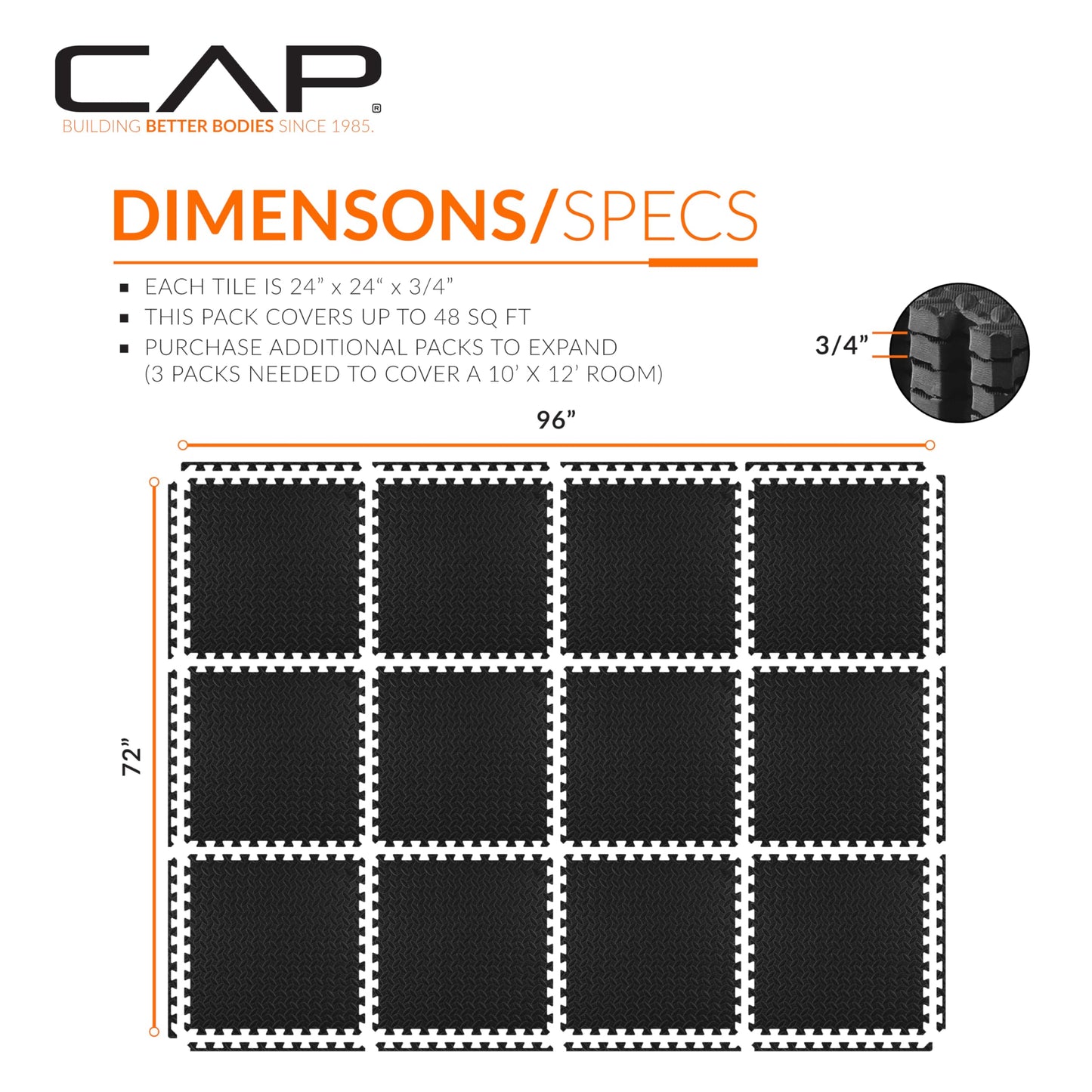 CAP Barbell 3/4-Inch Interlocking EVA Foam Exercise Puzzle Mat Home Gym Flooring - 2 Pack | 24" x 24" x 3/4" | Diamond Pattern - Black