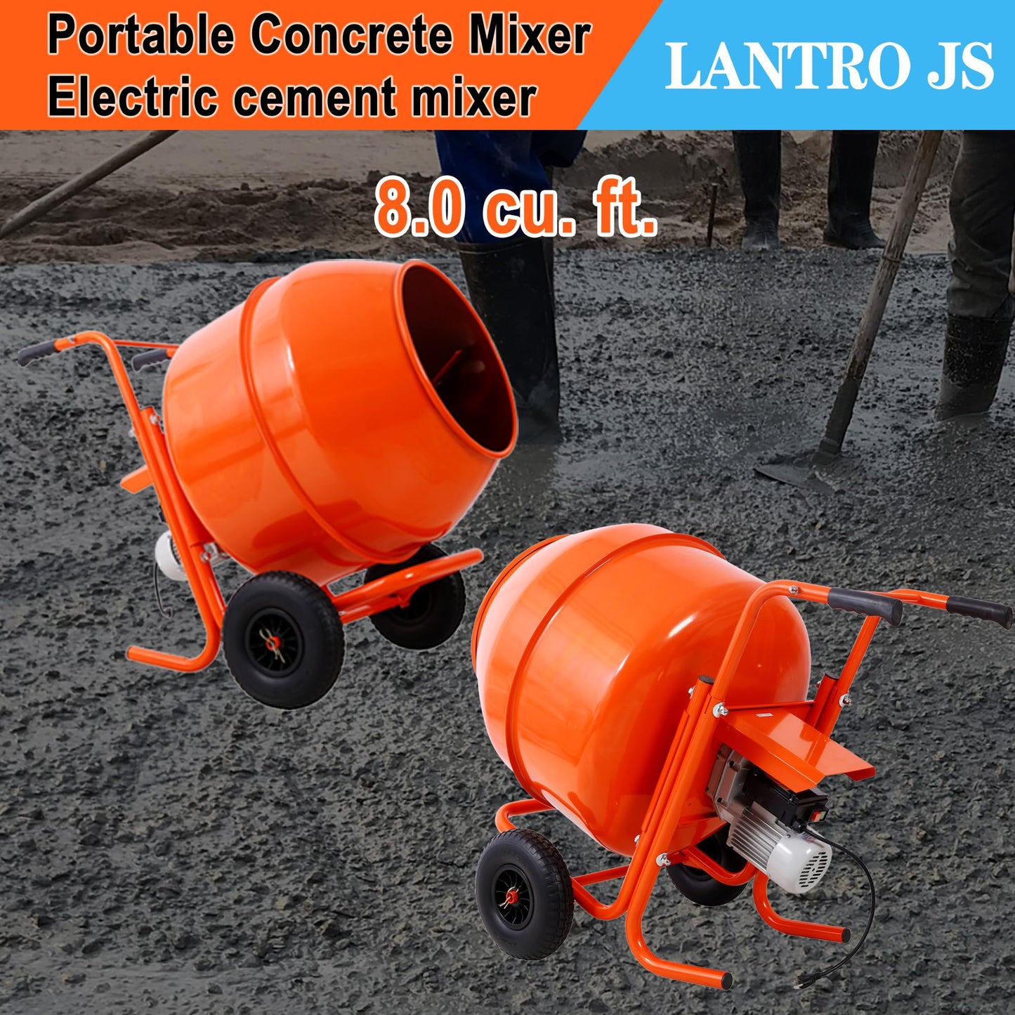 LANTRO JS Electric Concrete Mixer, 224L 8CU FT 115V/60HZ Horizontal Wheel Barrow Portable Cement Mixer Machine for Mortar, Stucco and Fodder