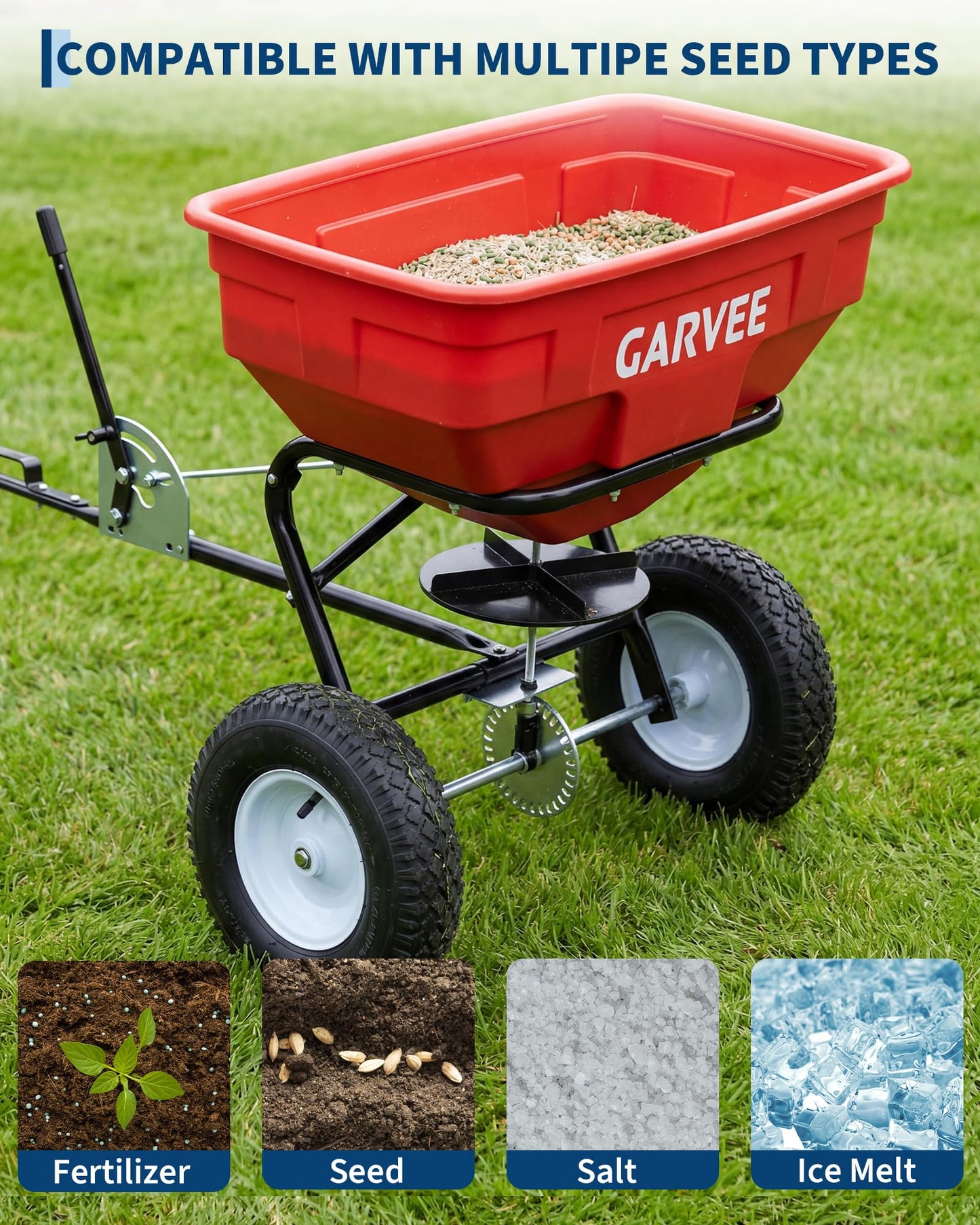 125 LBS Heavy Duty Tow Behind Broadcast Spreader, Adjustable Flow with 30 Settings, 9.8ft Spreading Width, Universal Hook for UTV/ATV/Tractor, Padded Control & Tool Pouch, Compatible with Fertilizer/G