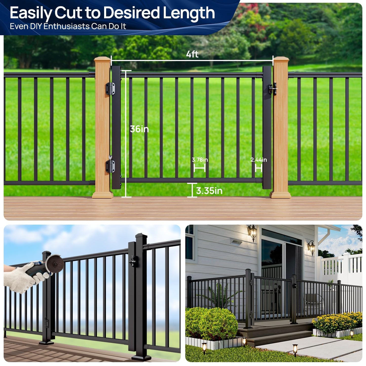 Egadis 4 ft. W Aluminum Deck Gate Kit for 36in. H Railing, Cuttable AAMA2604 Powder-Coat Finish Outdoor Gate Kit with Premium Latch and Auto-Closing Hinge for Deck, Patio, Garden, Yard, Porch