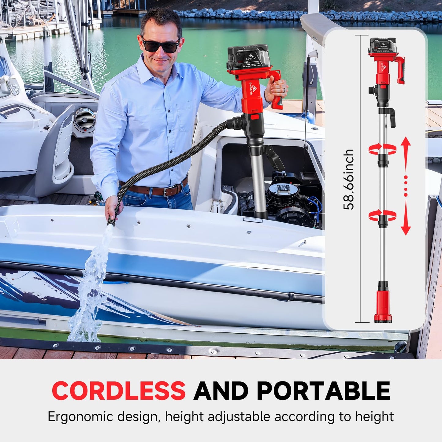 Cordless Stick Water Transfer Pump with 2 * 4.0AH Battery & Charger,740GPH Telescoping Pole Pump, 33FT Head, Handheld Portable Utility Sump Pump Kit for Garden, Boat, Deep Well Draining