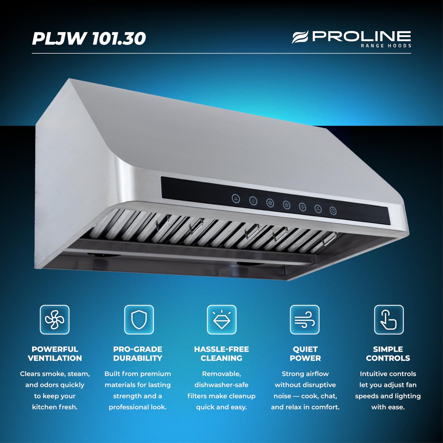 PROLINE 30-Inch Under-Cabinet Range Hood, Ducted, 1000 CFM, Stainless Steel, LED Lights, LCD Touch Control, ULTRA-QUIET Blower Motor, 4 Speed, 3-Year Warranty, PLJW 101.30