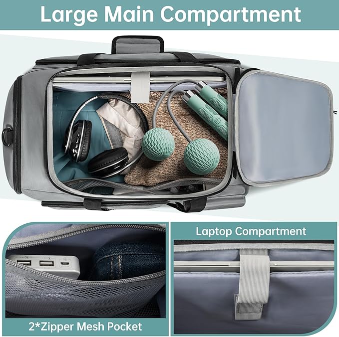Gym Bag for Women & Men, Sports Travel Duffle Bag with Shoe Compartment, Anti-Theft Carry On Weekender Bag, Water Resistant Overnight Backpack for Airplane, Gym, Travel (Grey)