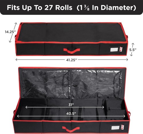 HOLDN’ STORAGE Wrapping Paper Storage Container - Durable 600D Tear-Proof, Fits 27 Rolls, Extra Pockets for Ribbons & Bows - Black Underbed Organizer for Holiday Gifts