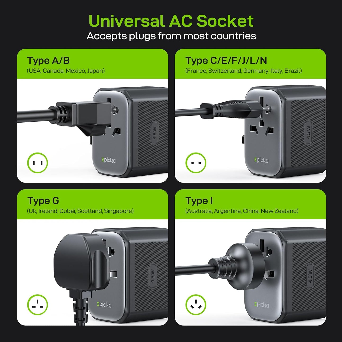 EPICKA 45W 5-Port (1 AC/2 USB-A/2 Pulse International Power Adapter, Universal Travel Adapter with PD Fast Charging