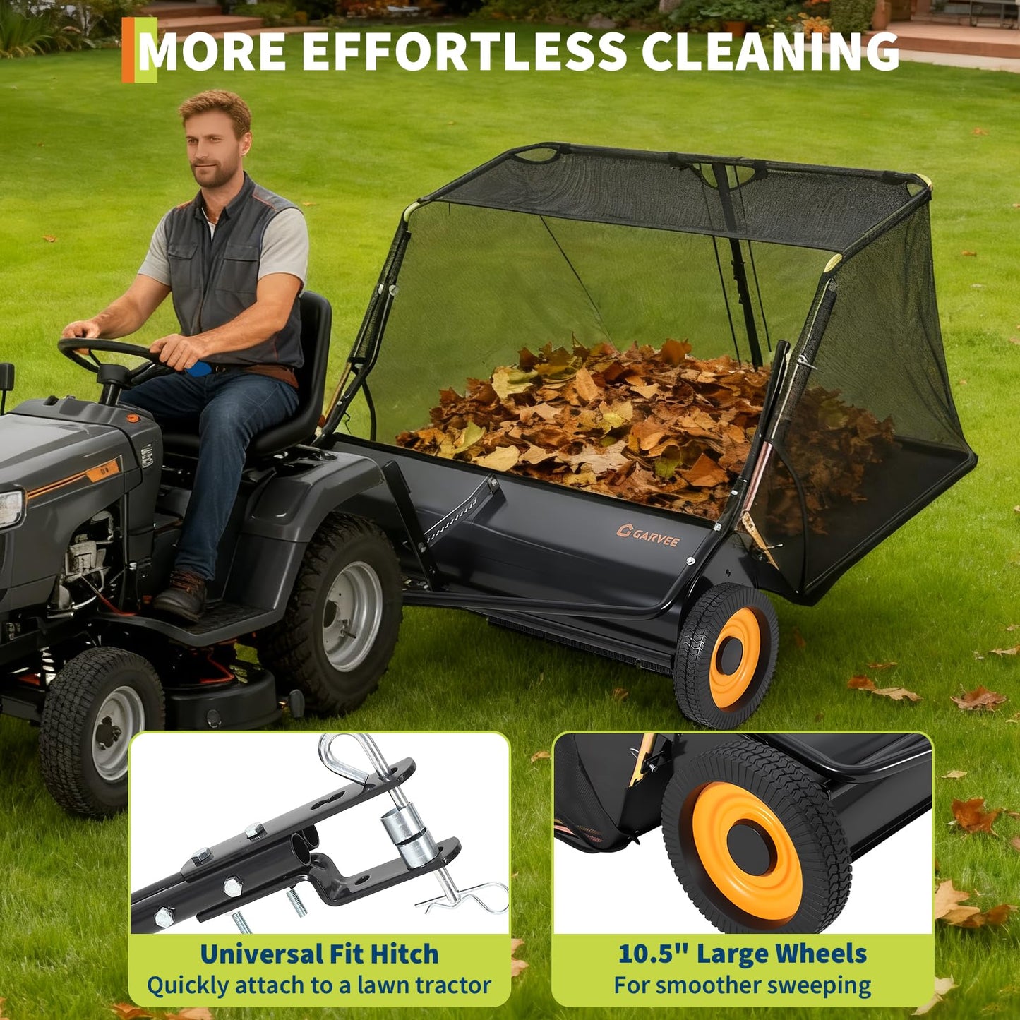 GarveeHome 44 Inch Tow Behind Lawn Sweeper, 26 cu. ft Large Pull Behind Grass Sweeper, Heavy Duty Leaf & Grass Collector with Dumping Rope Design, Adjustable Sweeping Height for Yard, Farm, Garden
