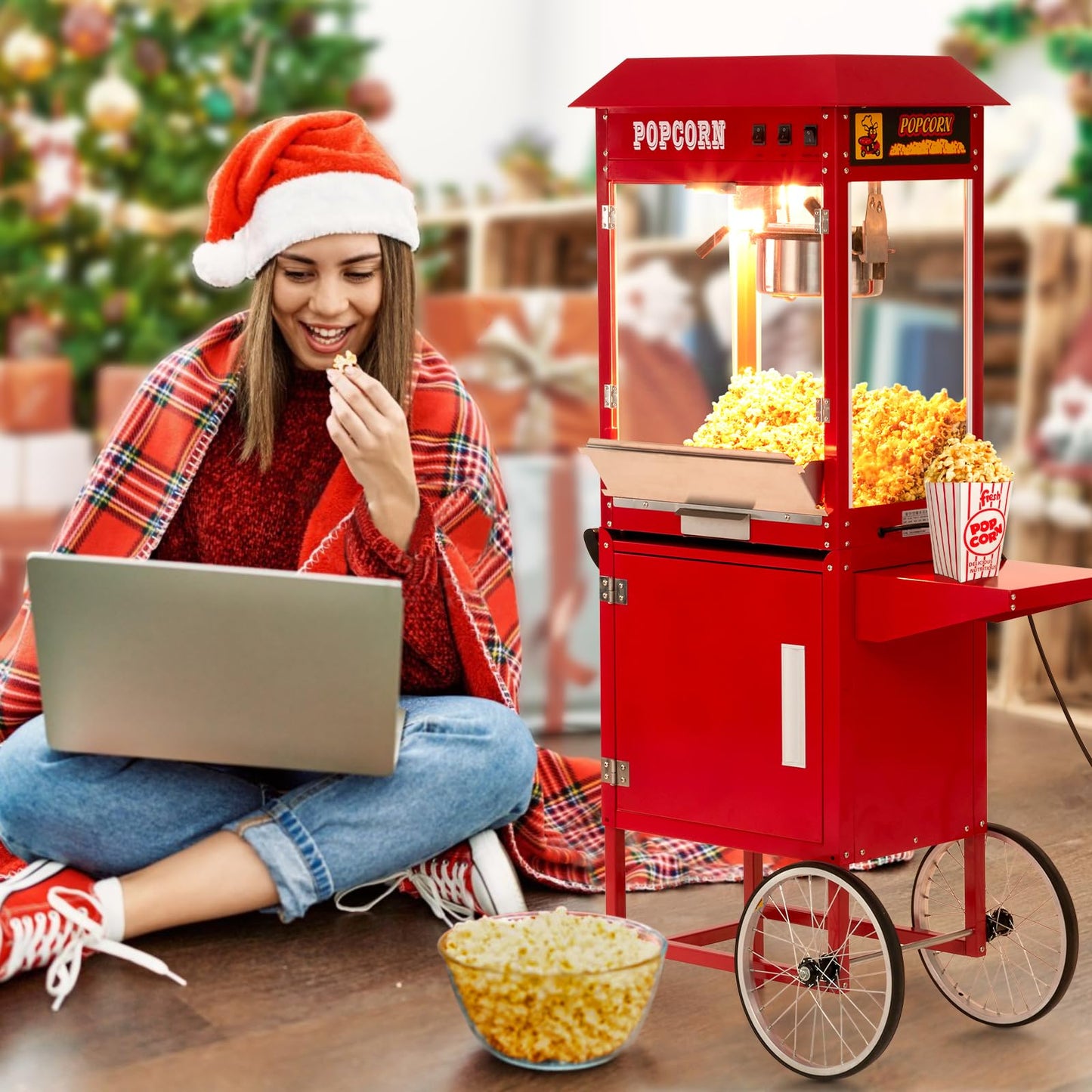 Garvee 8 oz Popcorn Machine with Cart, [3 Mins Get 60 Cups] [Durable] [Professional] [Easy Cleaning] Commercial Popcorn Machine Cart, Old Fashion Movie Theater Style- Red