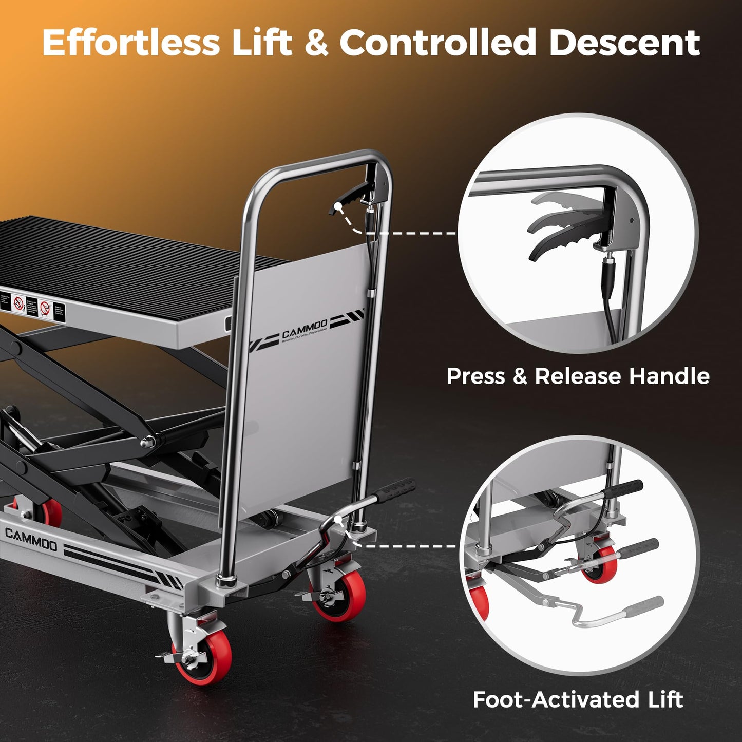 CAMMOO Hydraulic Lift Table Cart, 330lbs Capacity 49.6" Lifting Height, Double Scissor Lift Table with Non-Slip Pad & Safety Guard for Material Handling & Transportation, Gray