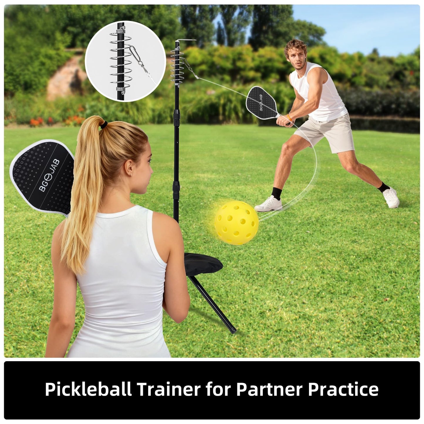 BGOJAB Pickleball Trainer, Pickleballs Training Aid for Solo & Partner Practice, Enhance Reaction Time & Hand-Eye Coordination, Great Gift for Beginners, Families & Pickleball Fans, Easy Installation