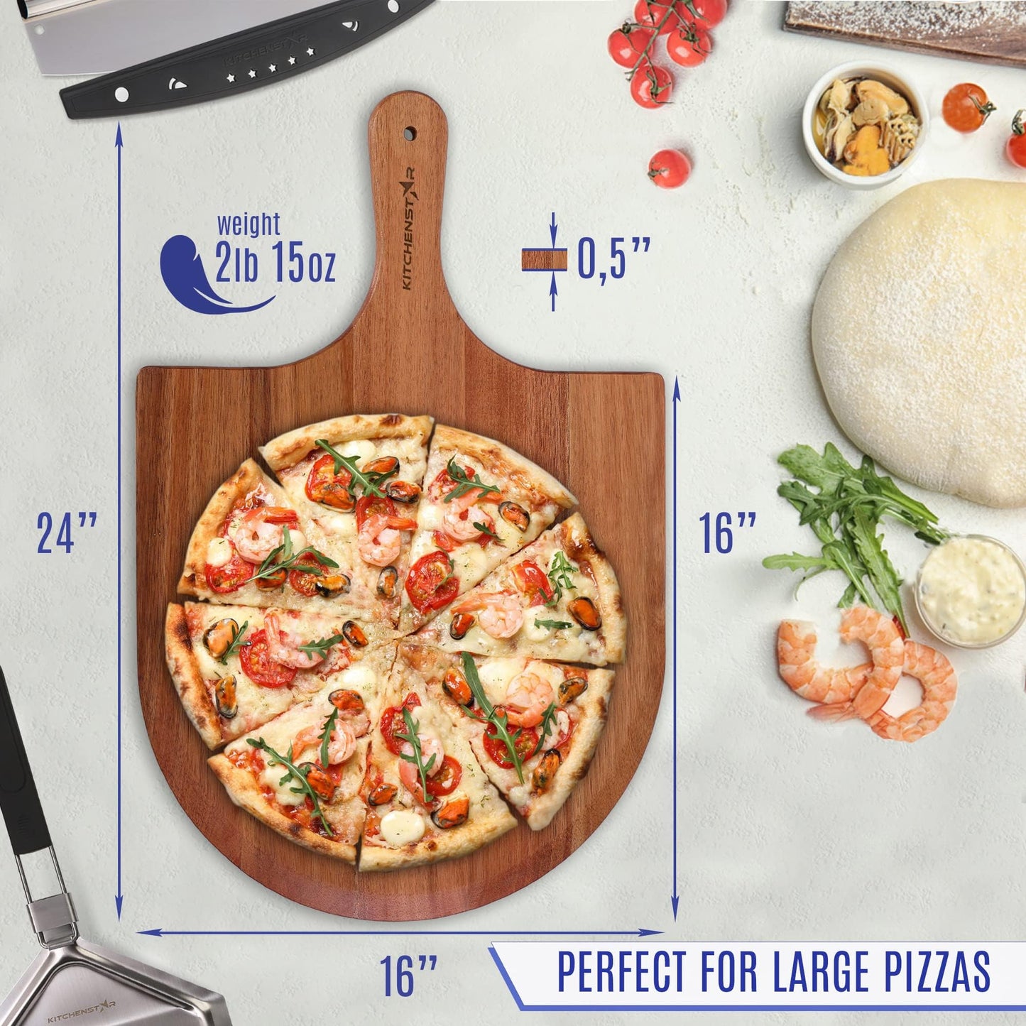 KitchenStar Pizza Cutter Rocker Blade 18" Black + Wooden Pizza Peel 16" + Pizza Stone for Oven and Grill 16" with Handles - Pizza Making Bundle