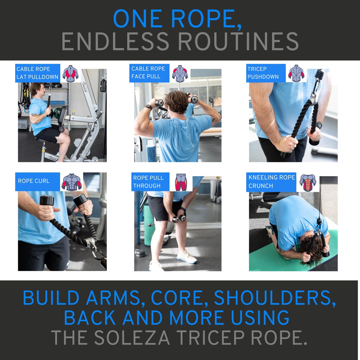Tricep Rope Cable Attachment, 27" Tricep Pull Down Attachment Carabiner, Rope Attachment for Cable Machine, Gym Rope Attachment, Cable Rope Attachments for Gym, Rope Pull Down Attachment, Triceps Rope