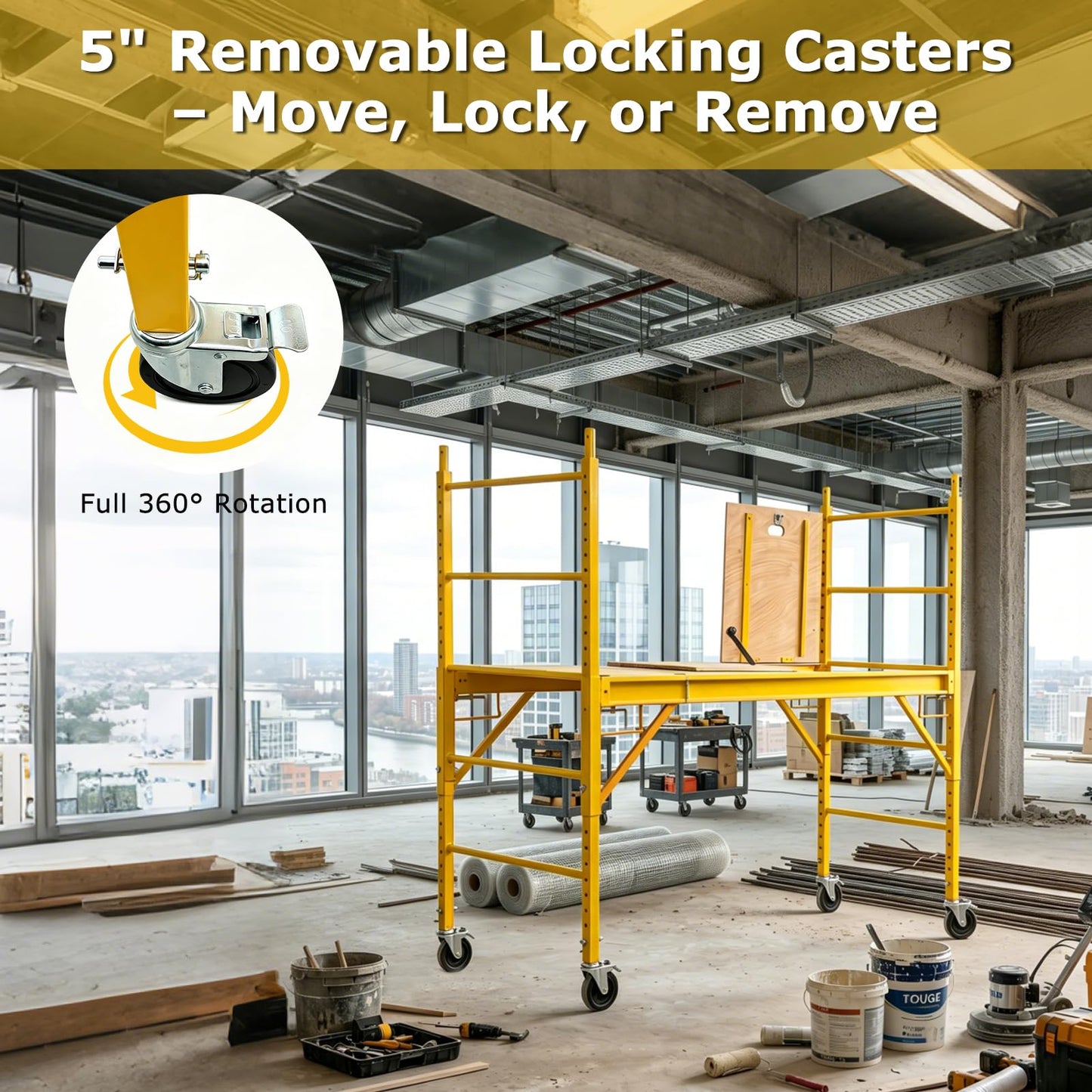 YZSPMS 6.25 ft Baker Style Rolling Steel Scaffold with Hatch Deck - 1000Lbs Capacity, Locking 5" Casters, Height Adjustable in 2" Increments, for Painting/Electrical/HVAC