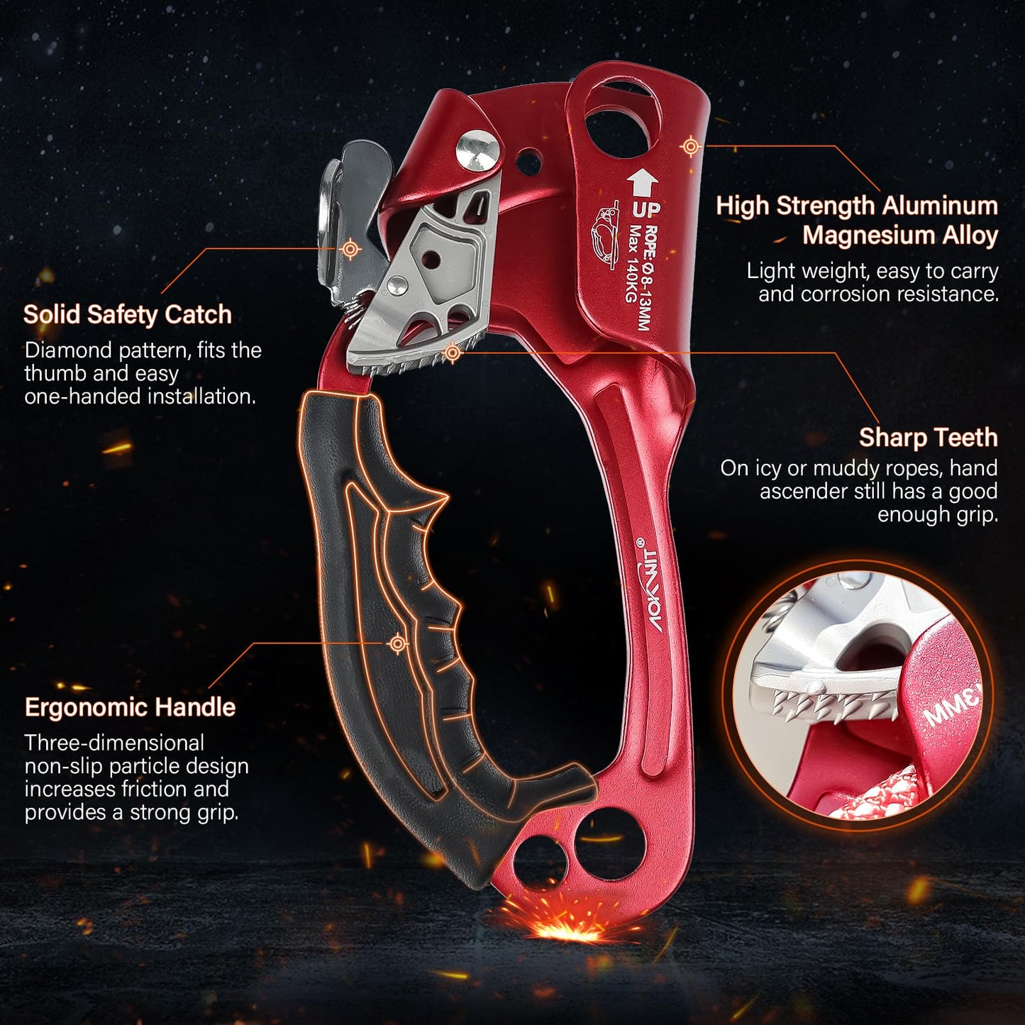 AOKWIT UIAA & CE Certified Rope Ascender Aluminum Alloy Rock Climbing Gear Strong Rigging Rappelling Equipment for Rock Tree Climbing Arborist Rescue Mountaineering Caving (Left Hand Red 1)