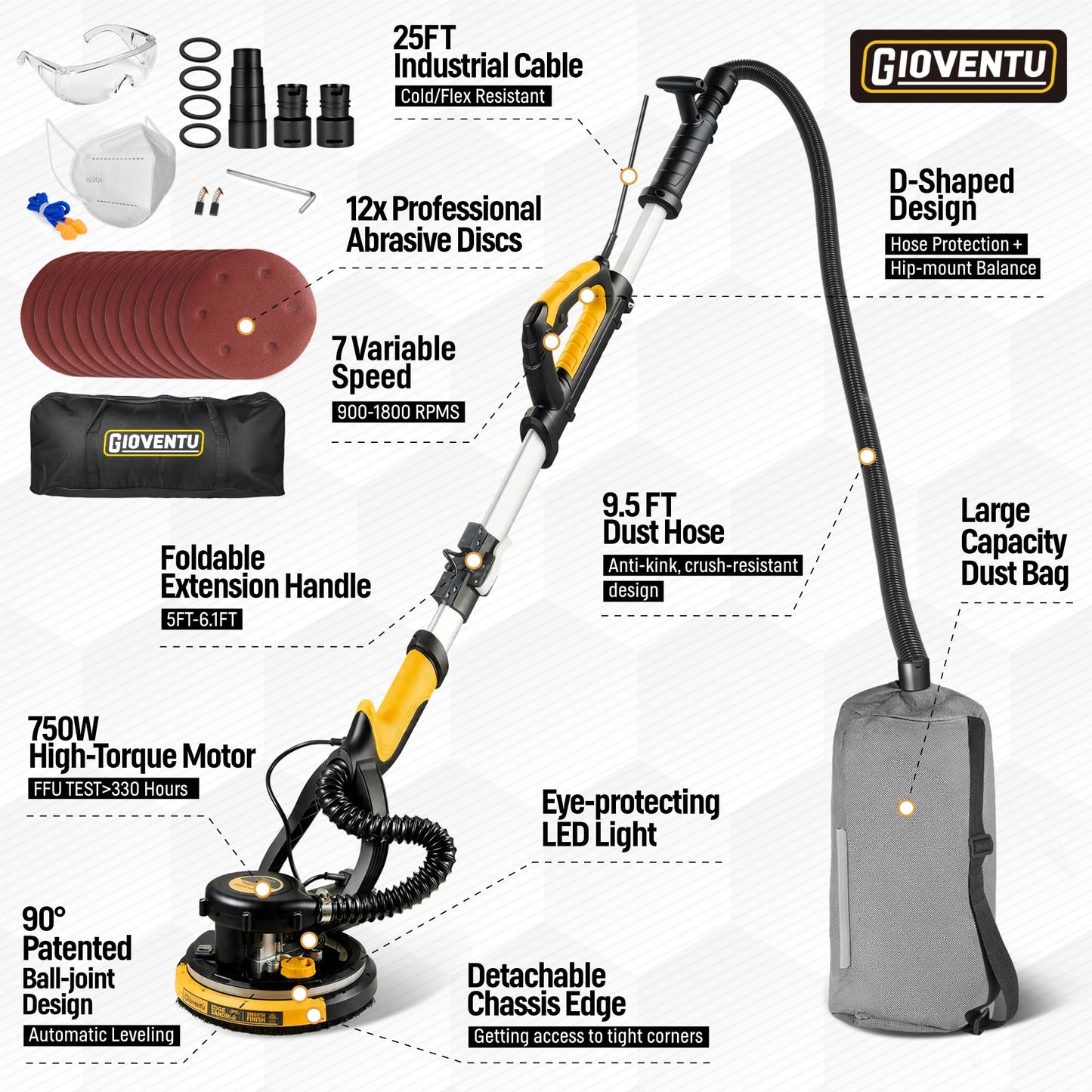 Drywall Sander, 750W Powerful Electric Drywall Sander with Vacuum Attachment, Auto Dust Collection, 7 Variable Speed 900-1800RPM, Dustless Wall Sander with Long Power Cord for Popcorn Ceiling, Drywall