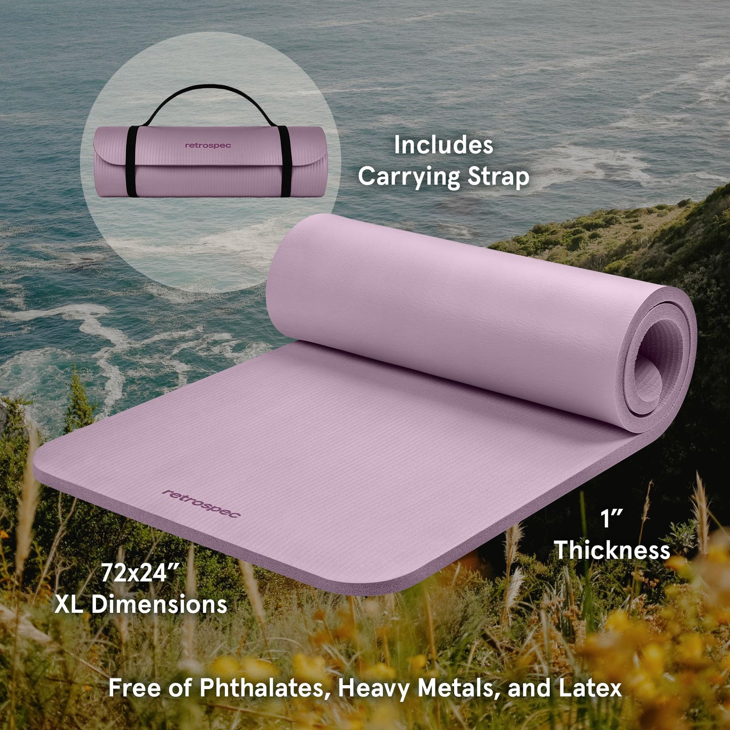 Retrospec Solana Yoga Mat 1" Thick with Nylon Strap for Men & Women - Non Slip Exercise Mat for Home Yoga, Pilates, Stretching, Floor & Fitness Workouts, Violet Haze