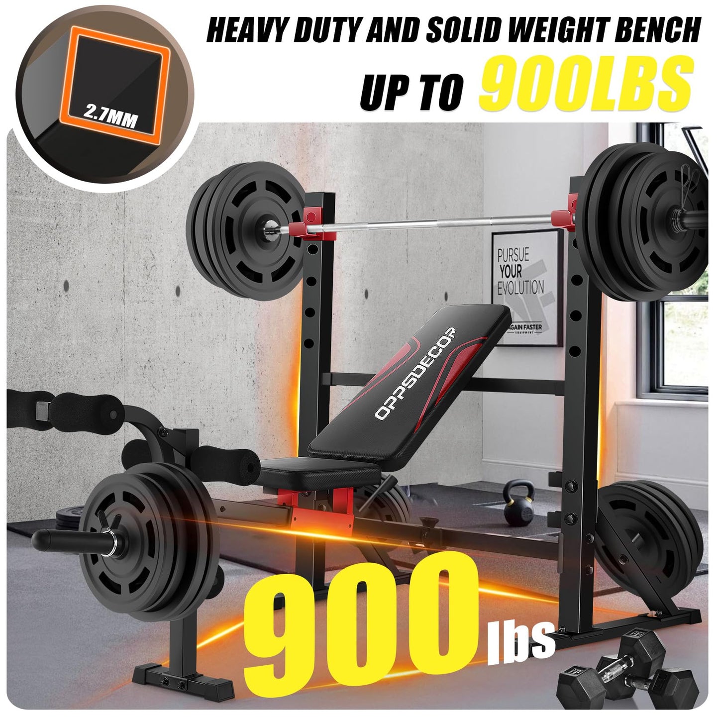 OPPSDECOR 900LBS Weight Bench Set with Squat Rack Foldable Bench Press Set with Leg Extension & Leg Curl Professional Flat/Incline/Decline Workout Bench for Home Gym Full Body Exercise