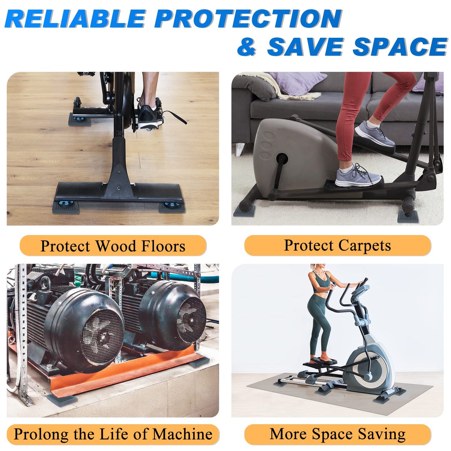 BXI Exercise Equipment Mat Heavy Duty - 4 x 4 x 0.8 Inches 6 Pcs Non Slip Noise Reduction Anti Vibration Treadmill Stationary Bike Mats, Thick Steel Embedded Rubber Pad for Hardwood Floors & Carpet
