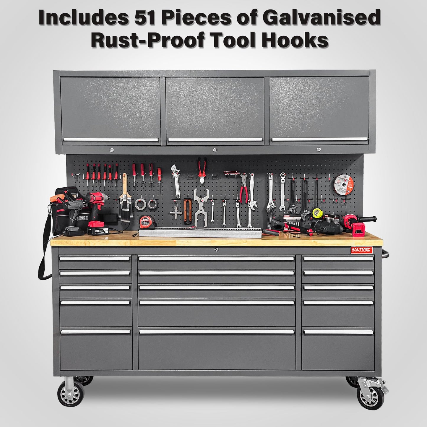 HAUTMEC 72" Rolling Tool Chest, Heavy-Duty Tool Cabinet with Wheels, Garage Workbench with 15 Drawers, 3 Upper Cabinets, Pegboard & 51 Hooks, Oak Worktop & Power Strip – HT0428
