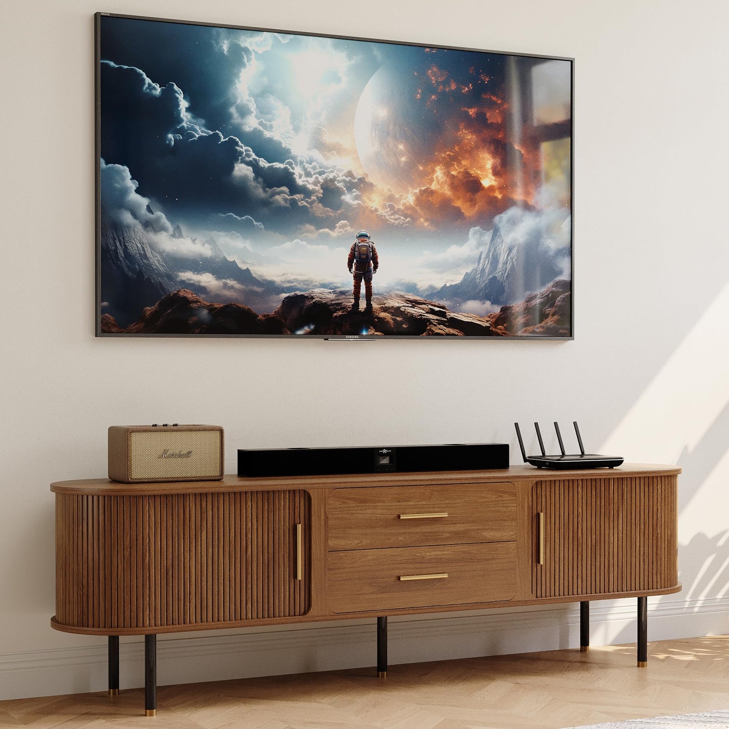 POVISON 78.74" Sliding Tambour Door TV Stand, Fully Assembled Mid Century Modern TV Console, Wood Media Console with Tall-Cast Metal Legs, Entertainment Center with Storage Cabinet for Living Room