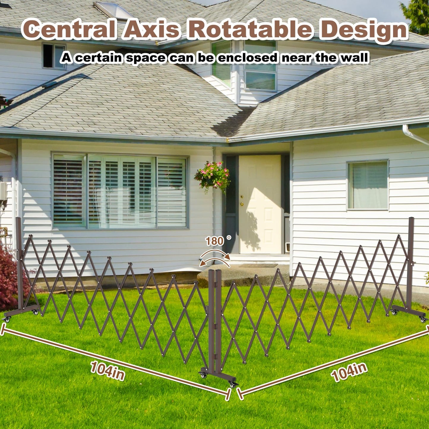THEYFIRST Expandable Driveway Gate with Casters, Portable Metal Folding Security Gate, 209" Wide Aluminum Garden Fence, Outdoor Dog Fence for Yard in Coffee, 39.76 * 213