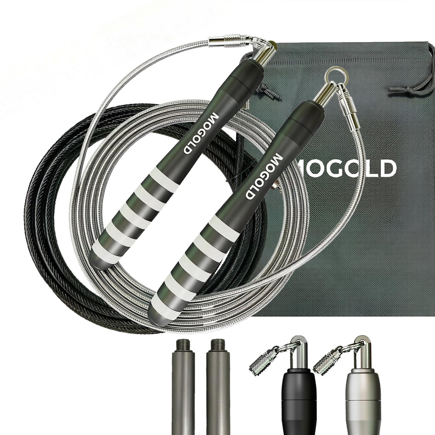 MOGOLD DIY Adjustable Weight Jump Rope (0.4LB /1/2LB/0.7LB /0.8LB) Interchangeable 2mm & 5mm Cable for CrossFit, Double Unders, HIIT Workouts - Fast Clamp System, 10ft Adjustable
