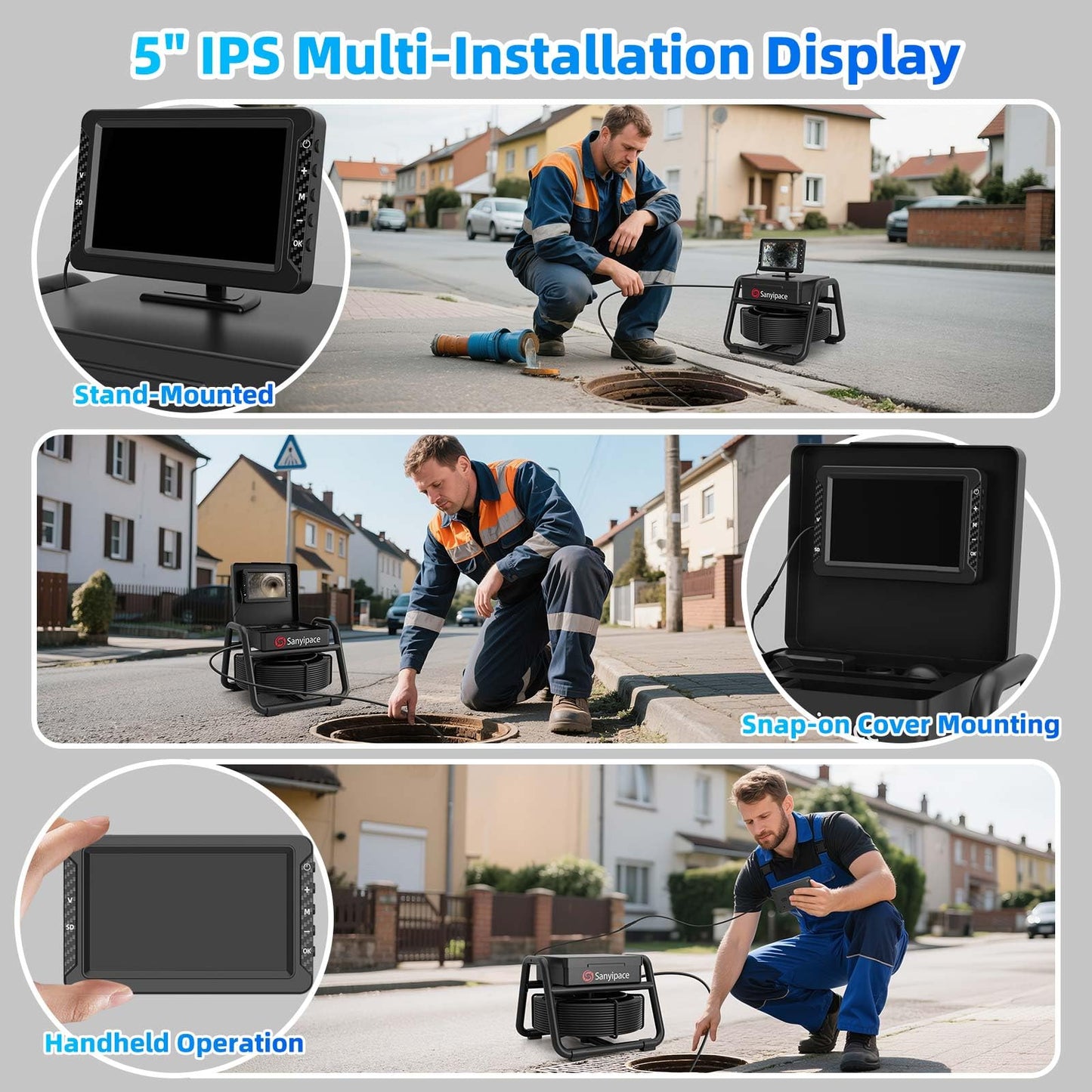 Sanyipace 18MM Sewer Camera, 66FT/20M Drain Inspection Camera with Microphone and Speaker, 1080P IP68 Waterproof Pipe Camera with 8 LEDs, Stiff Cable for Drain Duct Plumbing Inspection, 32GB Card