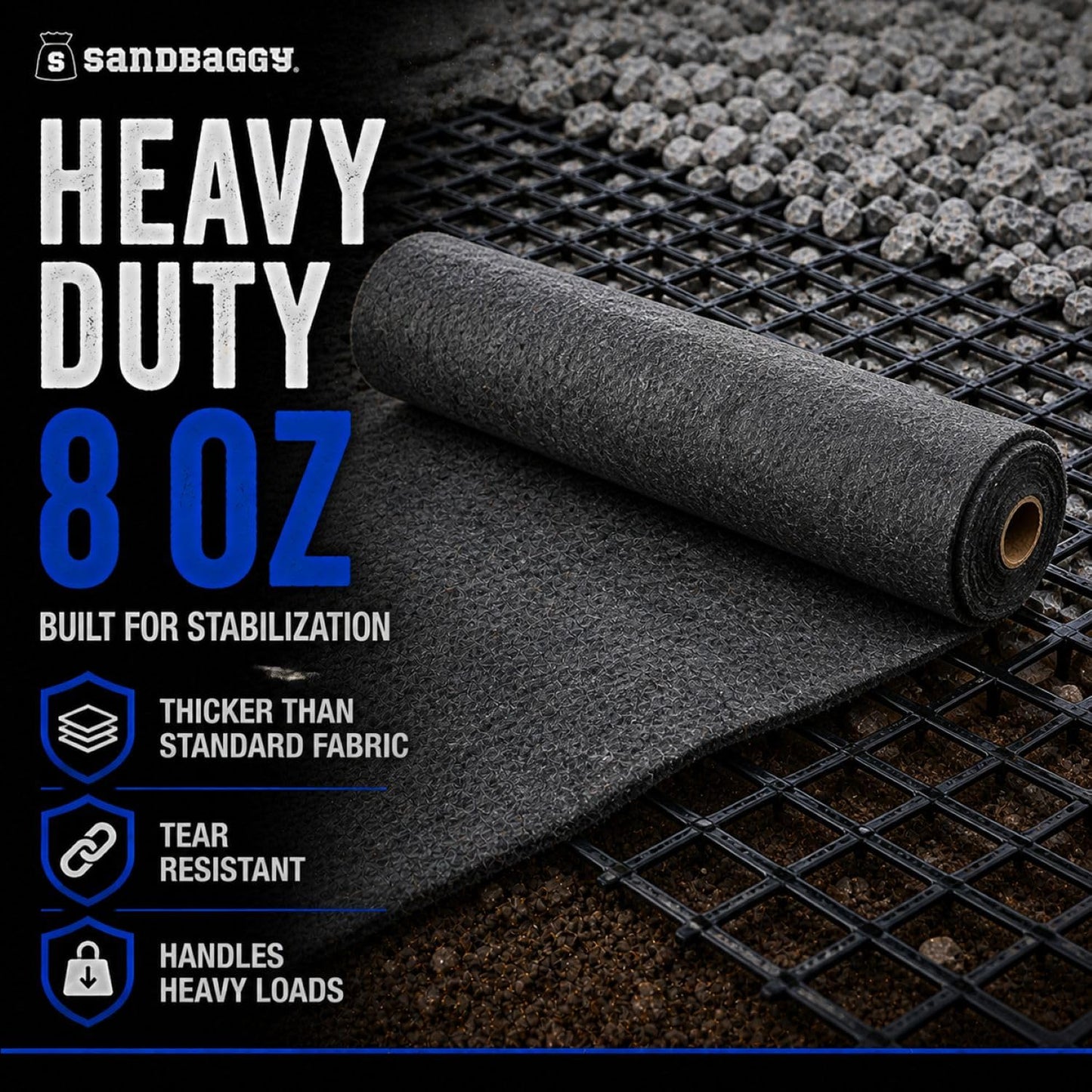 Sandbaggy Geogrid & Geocell Underlayment Fabric | Non-Woven Geotextile (8 oz) – Soil Stabilization for Driveways, Roads & Gravel – Erosion Control for Slopes & Walls | USA Made (6 ft x 100 ft Roll)