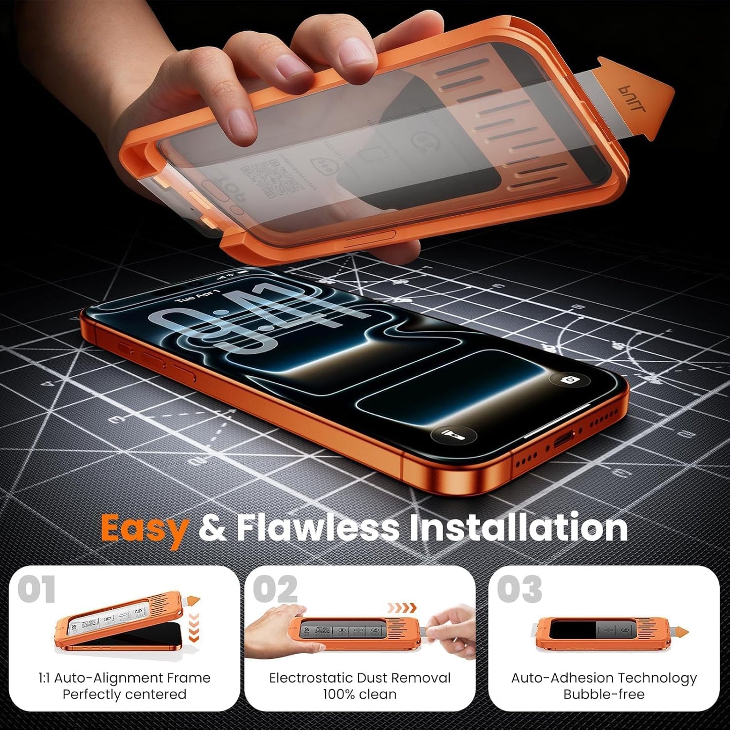 3 Pack 17 6.3", 9H+ Screen Protector for iPhone Pro Tempered Glass with Auto Dust Removal, Easy Installation Kit