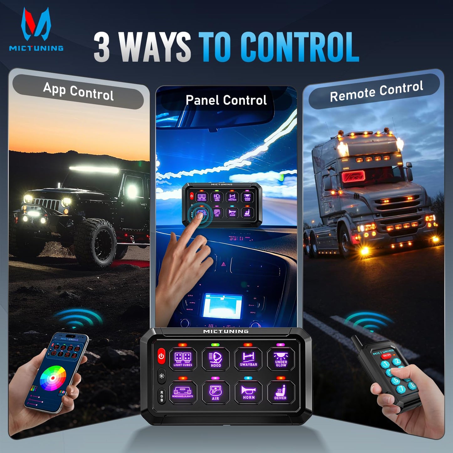 MICTUNING P1Y 8 Gang Switch Panel, Remote and APP Control, Up to 230FT, Adjustable Strobe Pulse Momentary, 6-Level Dimming, 12-24V Waterproof Multifunction Toggle Switch for Car Boat RV Truck Offroad