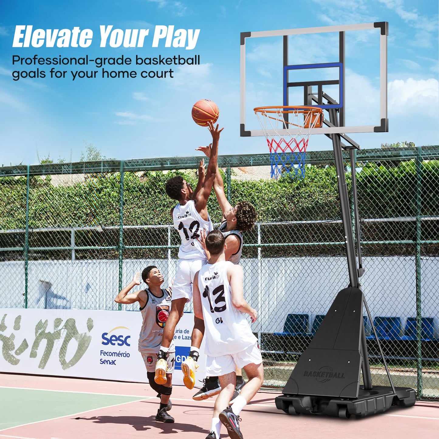 Asbest Basketball Hoop Outdoor with 44" Shatterproof Backboard, 5.09-10FT Adjustable Basketball Goal System, Portable Hoop with Wheels & Easy Adjustment for Driveway, Backyard, Court (Blue)