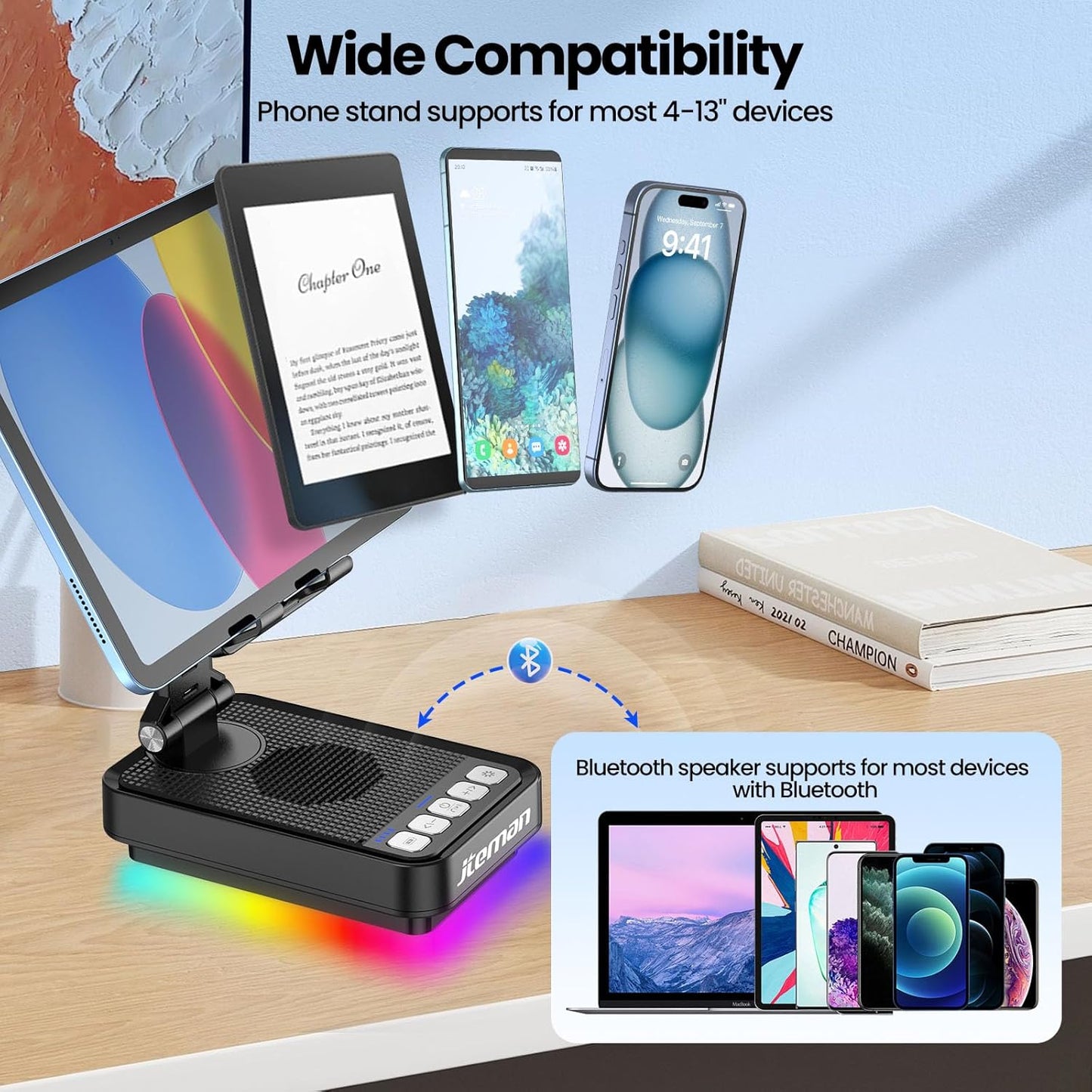 JTEMAN 360 Gifts for Men Women Phone Stand Bluetooth Speaker with Light and Charging Function, Rotating Phone Holder