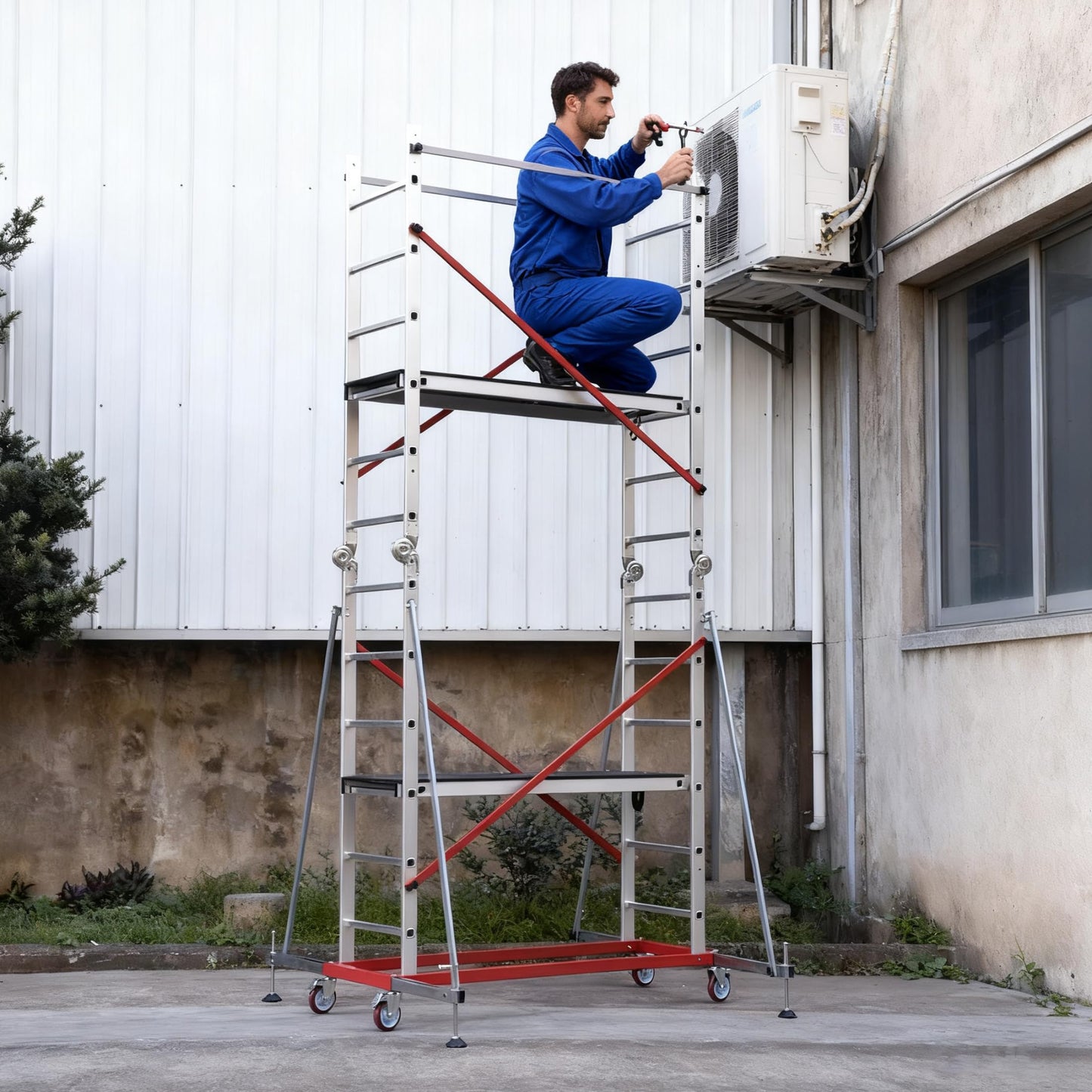APARECIUM 18‘ Aluminum Scaffold Tower, Multipurpose Rolling Scaffolding Work Platform, Utility Scaffolding Tower, Adjustable Work Platform with Hatch Deck and Guard Rail, 500 Lbs Duty Rate