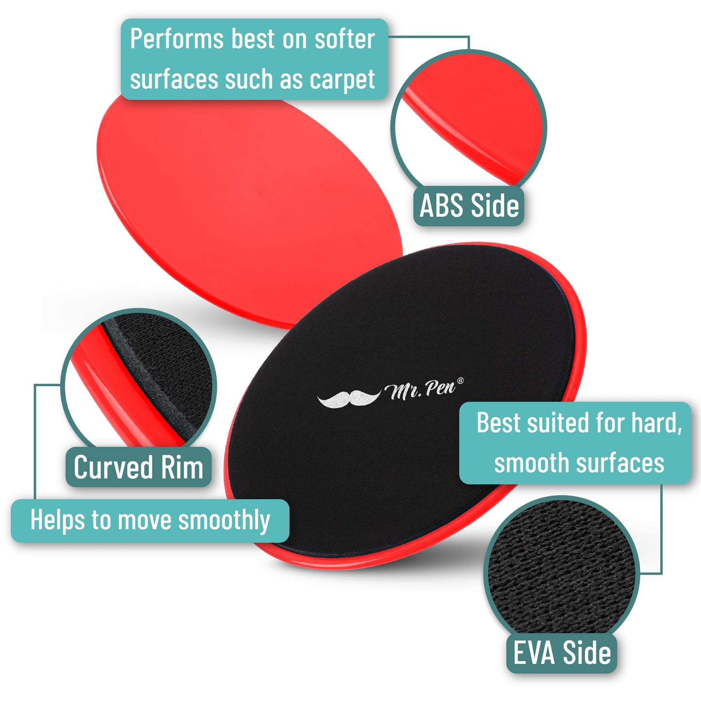 Mr. Pen- Core Exercise Sliders, Red, Dual Sided Fitness Slider Discs
