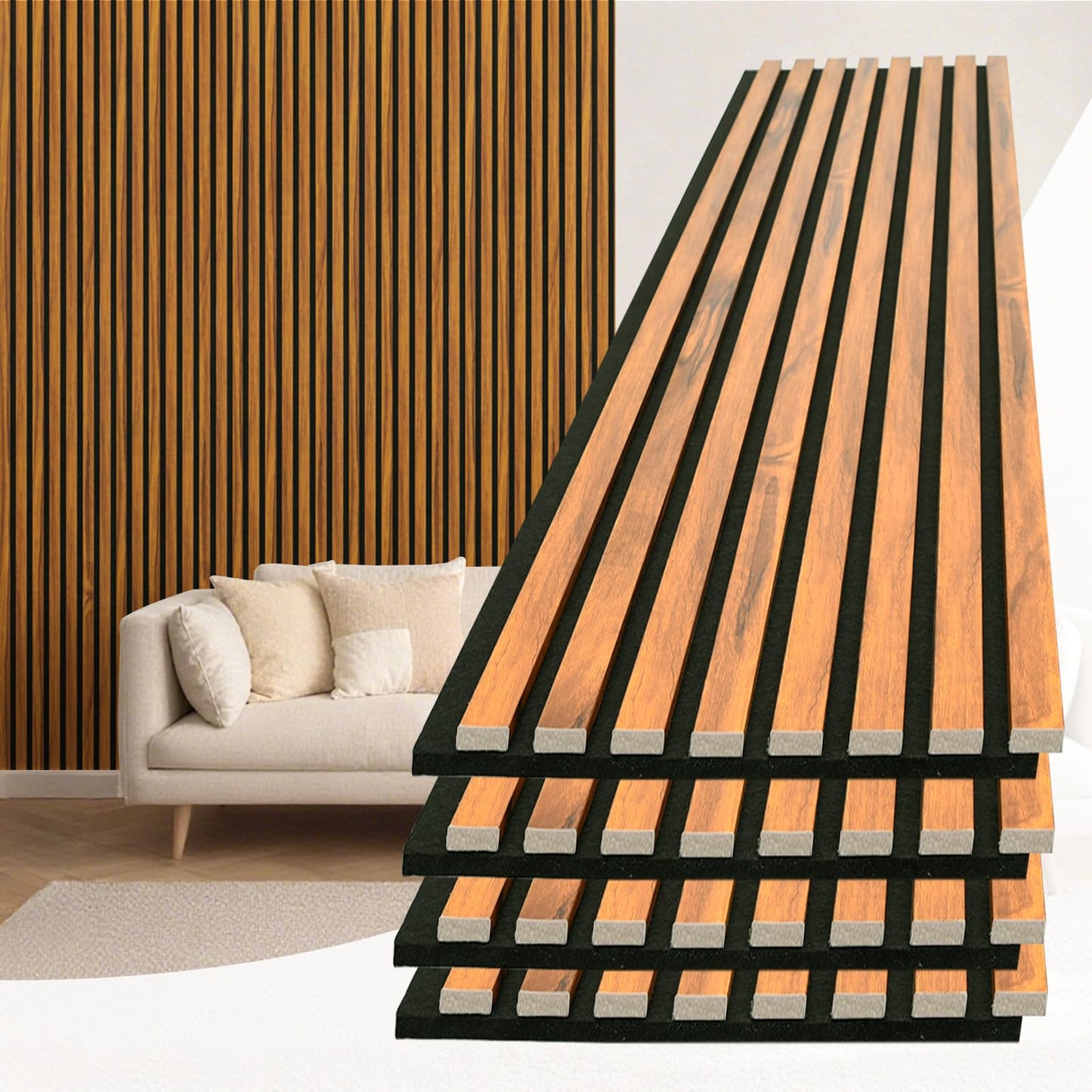 Art3d 4-Piece 94 x 12.6 Inch Acoustic Lightweight Slat Wall Panel - Waterproof Wood Textured Wainscoting Panel of 33 Sq.Ft for Bedroom, Home Theater Office Accent Wall, Teak