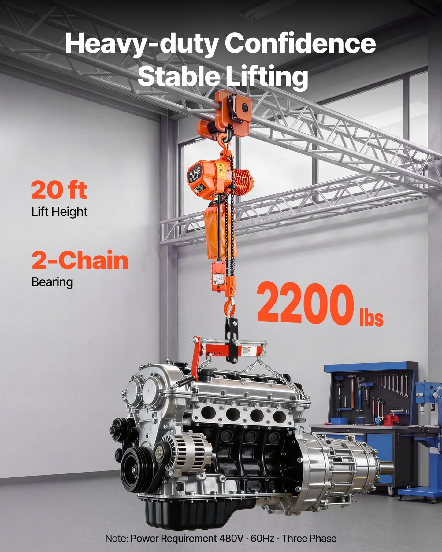 VEVOR 2200 lbs Electric Chain Hoist 2-Speed, 20 ft Lifting Height, 3-Phase 480V Overhead Crane with 328 ft Wireless & 15 ft Wired Remote Control, G80 2-Chain Hoist for Factory, Warehous, Garage