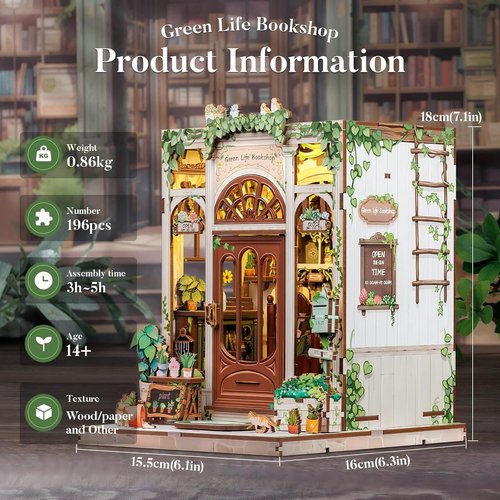 Fsolis Book Nook Kit - 3D Wooden Puzzle for Adults | 196 Pcs DIY Miniature House - Green Life's Bookshop Design