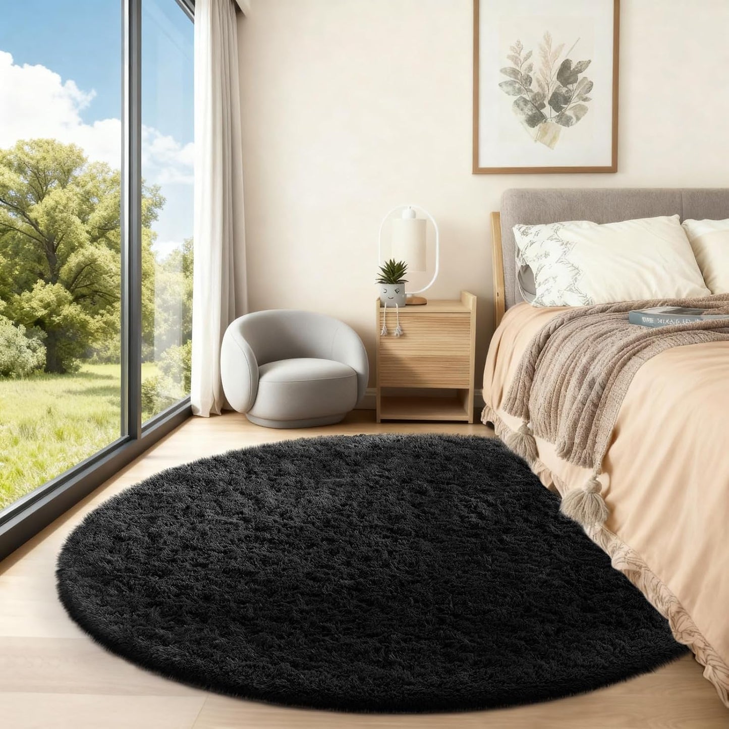 Ophanie Round Rug - 5Ft Black Circle Area Rug | Plush Soft Shaggy Carpet for Bedroom & Nursery Decor