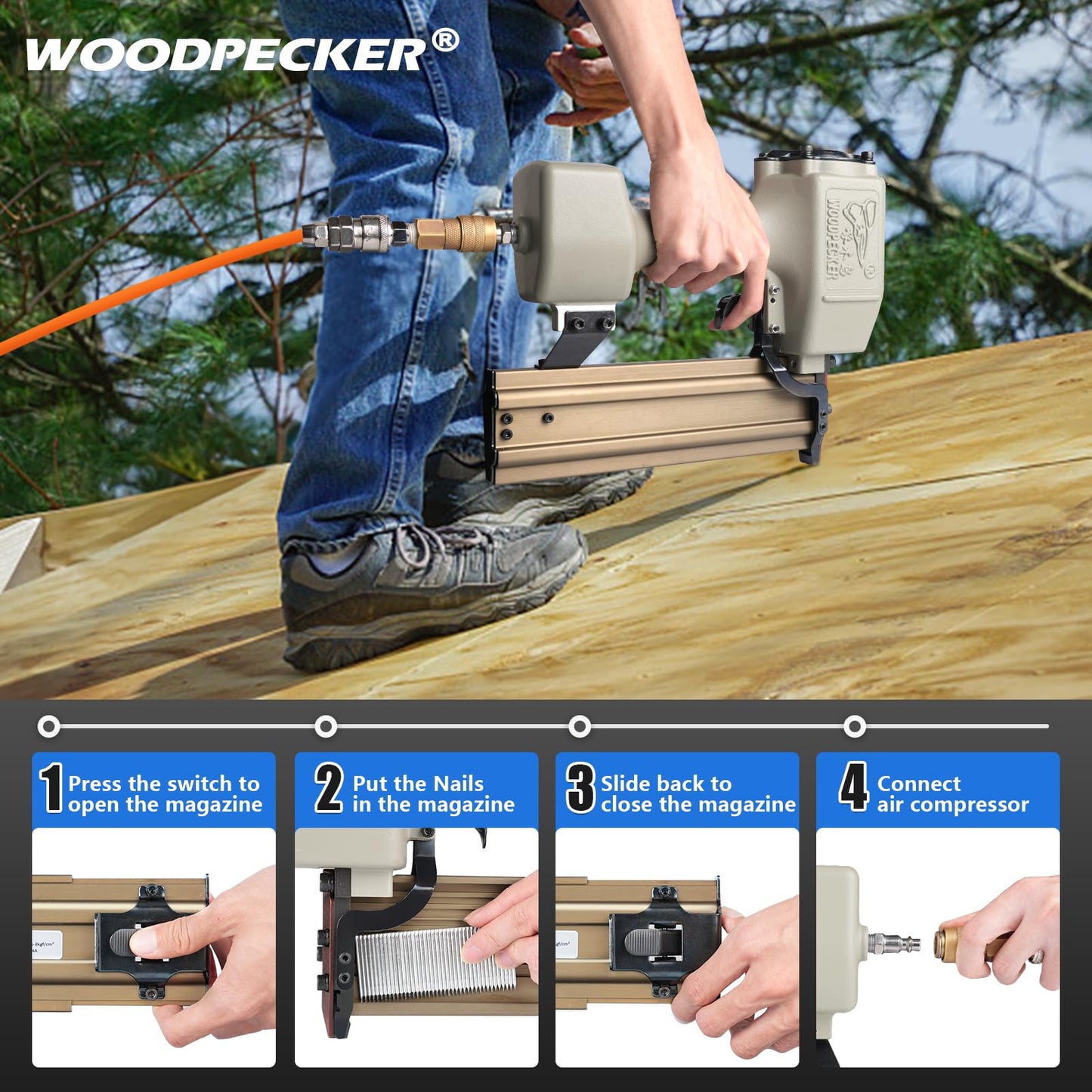 WOODPECKER ST64 Pneumatic Concrete T Nailer Kit with 1-1/4-Inch (32mm) T Nails × 800PCS