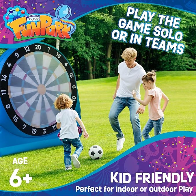 Flybar FunPark Giant Inflatable Dartboard Game for Kids – Outdoor Target Toy with Velcro Darts & Balls – Backyard Sports Set for Boys & Girls Ages 6+ – Inflatable Soccer Toss, Pump & Ground Stakes