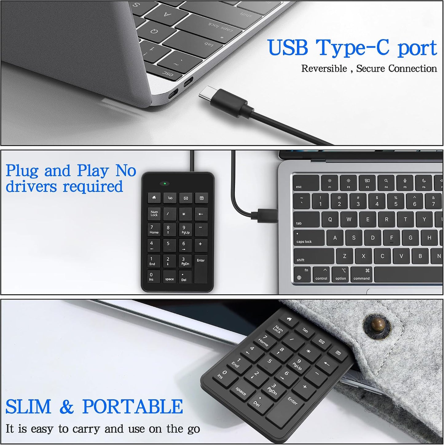 XMSJSIY 23 -1 USB Type-C Number Pad Wired Keys Type-C Numeric Keypad with Tab, Home, Email & Calculator Keys