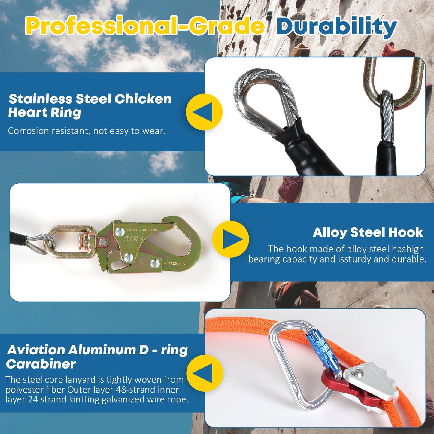 KLYTORX Flip Line Tree Climbing Rope 1/2" X 16ft Steel Core - Triple Lock Carabiner Adjuster & Steel Swivel Snap, Better Grab, Low Stretch & Cut Resistant Fall Protection Gear