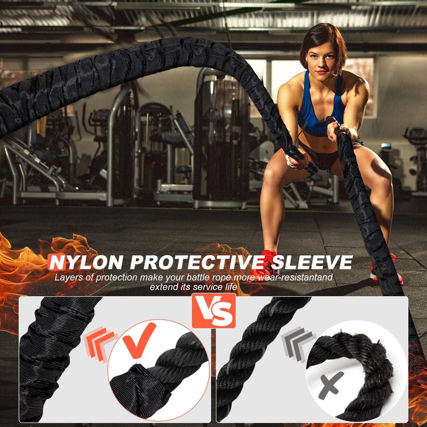 Battle Ropes for Home Gym Exercise: 1.26 Inch Diameter 30FT Length Workout Rope Exercise Rope Training Ropes with Protective Sleeve for Kids Men Women Exercise Fitness & Strength Training