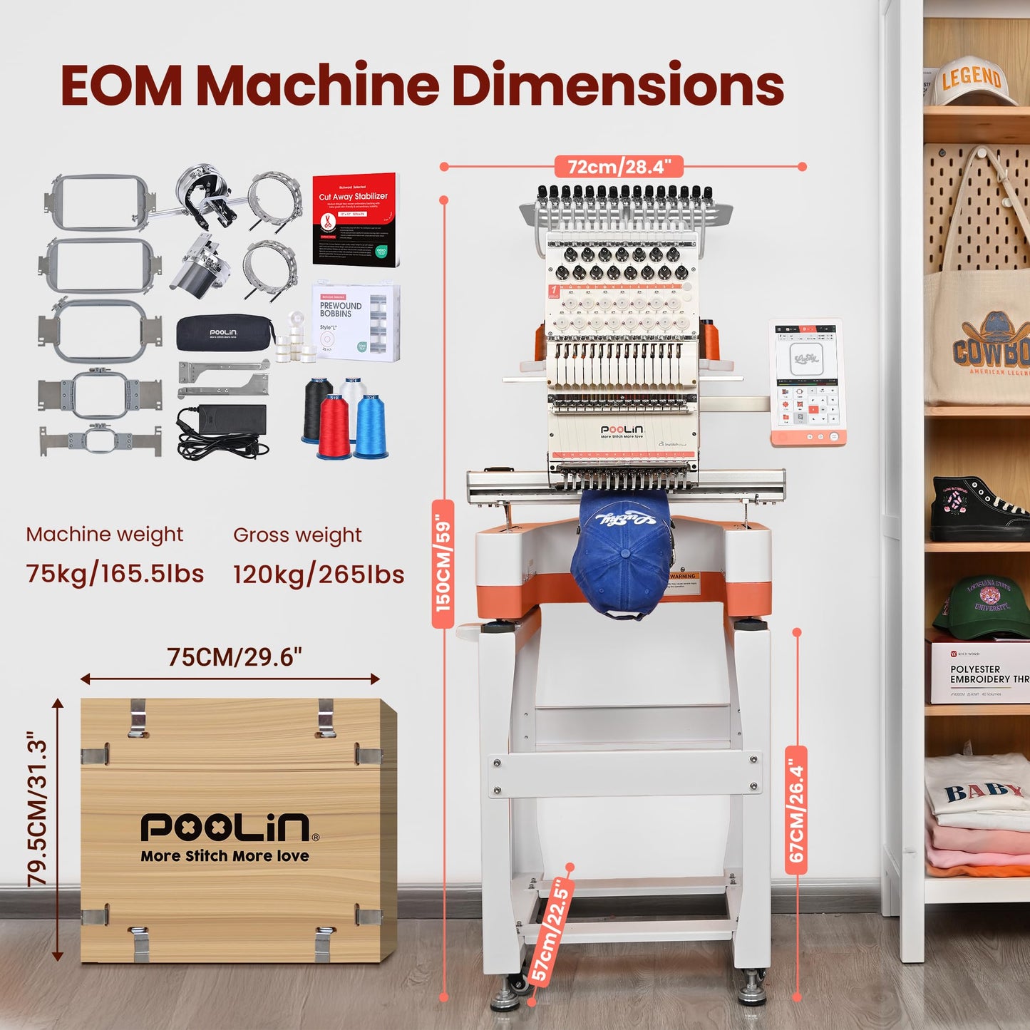 Poolin EOM 15-Needle Commercial Embroidery Machine | Pro Cap & 3D Puff Bundle – Includes 60-Color Thread Kit, Matte Thread Set, 144 Magsnap Bobbins & 3D Puff Foam