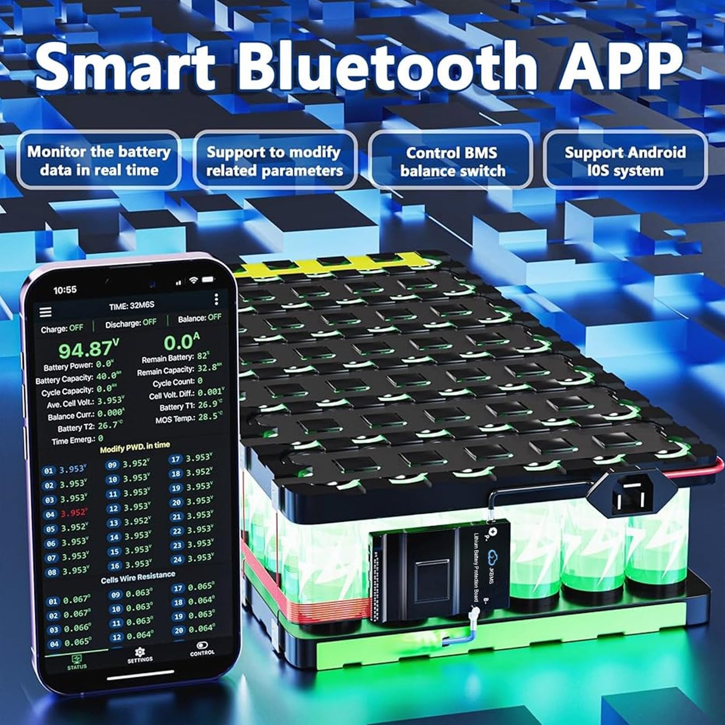 JKBMS Smart BMS with Heat CAN RS485 8S-20S 200A 2A Active Balance with Bluetooth Battery Protection Board for LiFePO4 Li-ion LTO Battery Pack (JK-B2A20S20P-HC)