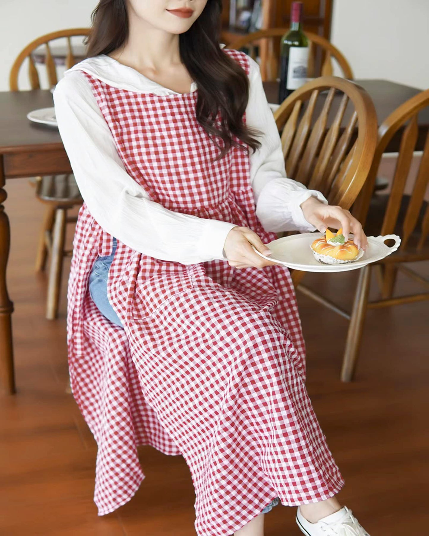 TALIBSA Plaid Apron Dress，Japanese Cotton Linen Cross Back Apron for Women with Pockets，Pinafore Dress with Waist Ties (Red Plaid)