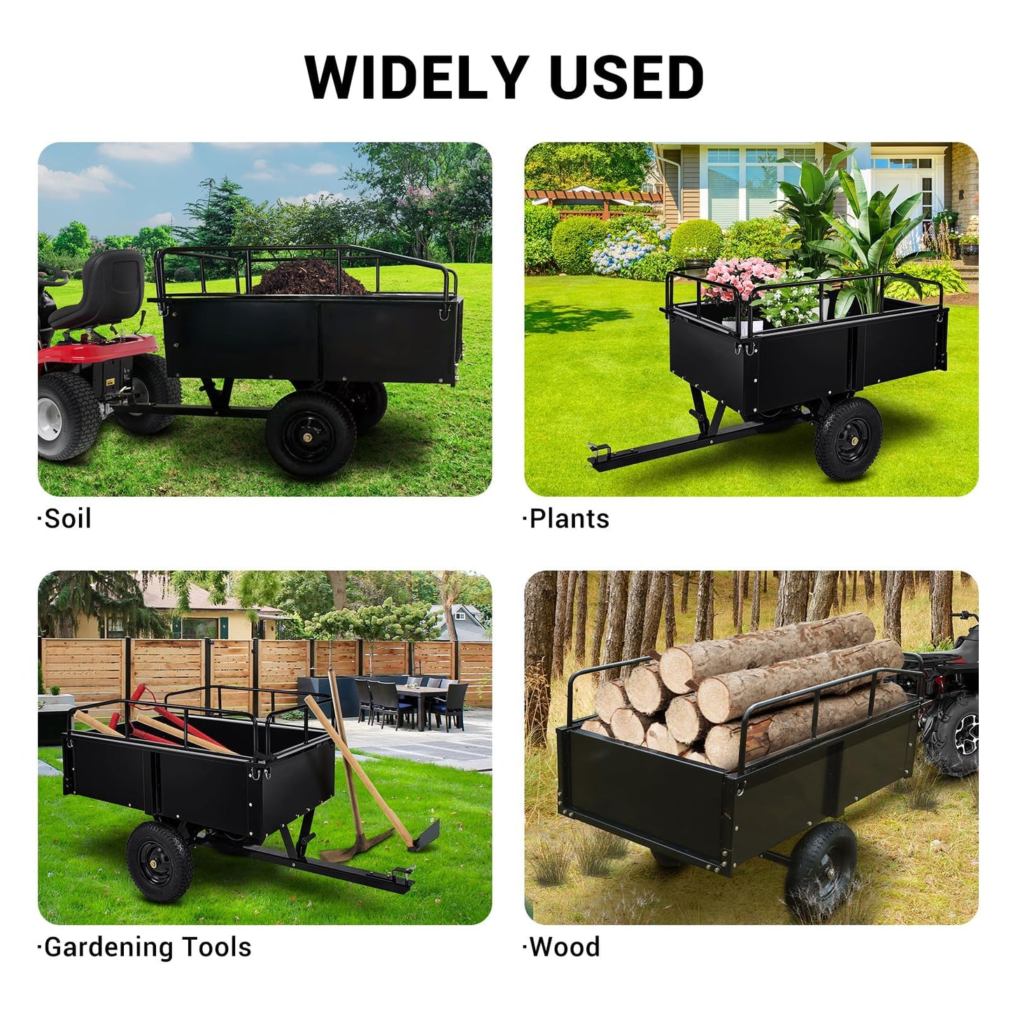 Garvee 750 LBS Garden Cart, 15 cu ft Heavy Duty Steel Dump Cart ATV Trailer with Removable Sides, Hand Pull or Foot Pedal Utility Trailer for ATV, UTV, Lawn Mowers and Tractors